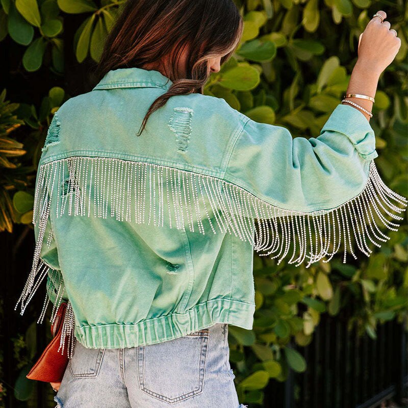 Denim jacket with (glitter) fringes