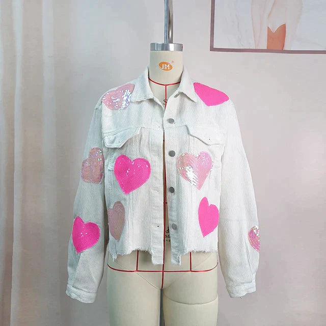 Alessandra - Blouson aviateur en velours côtelé avec coeur en sequins