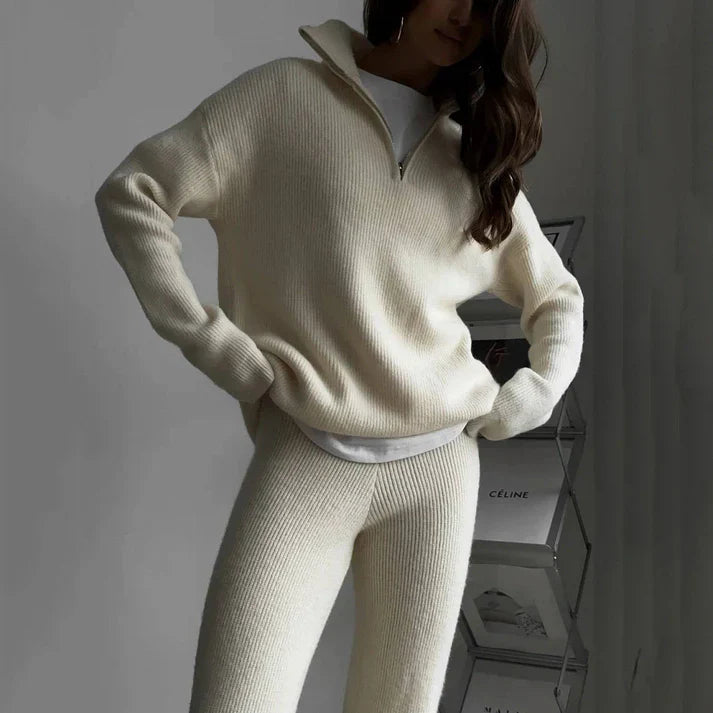 Jean - Two Piece Knitted Zipper Sweater High Waist Pants Sets