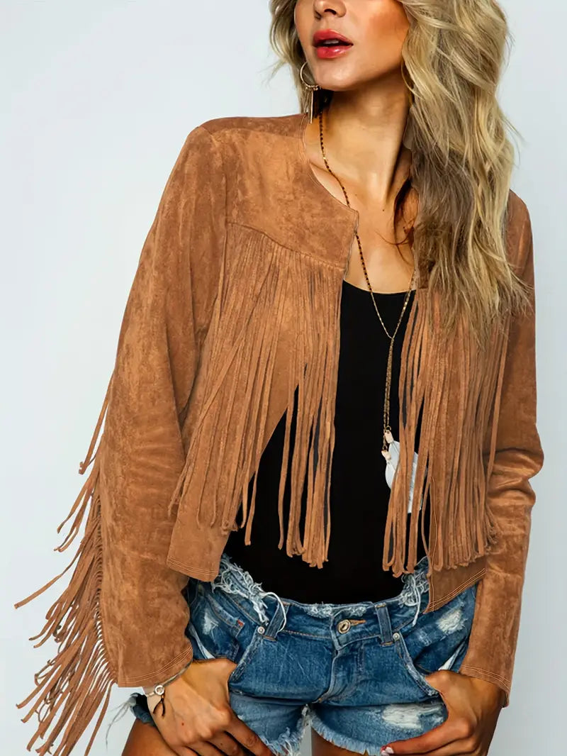 Amelia - Open jacket with fringed hem in suede look