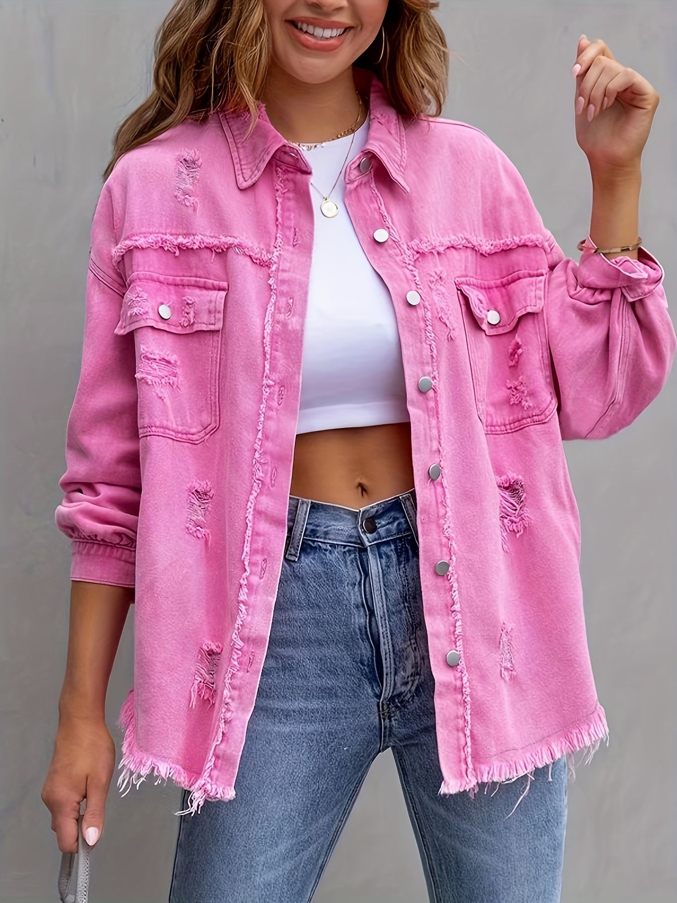 Oversized Denim Jasje - Boho - Niet-elastisch, Effen kleur, Knoopsluiting - Ideaal voor Alle Seizoenen