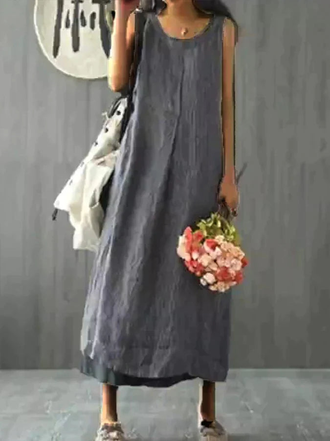 Luisiana - Loose, sleeveless dress in cotton linen with a round neckline