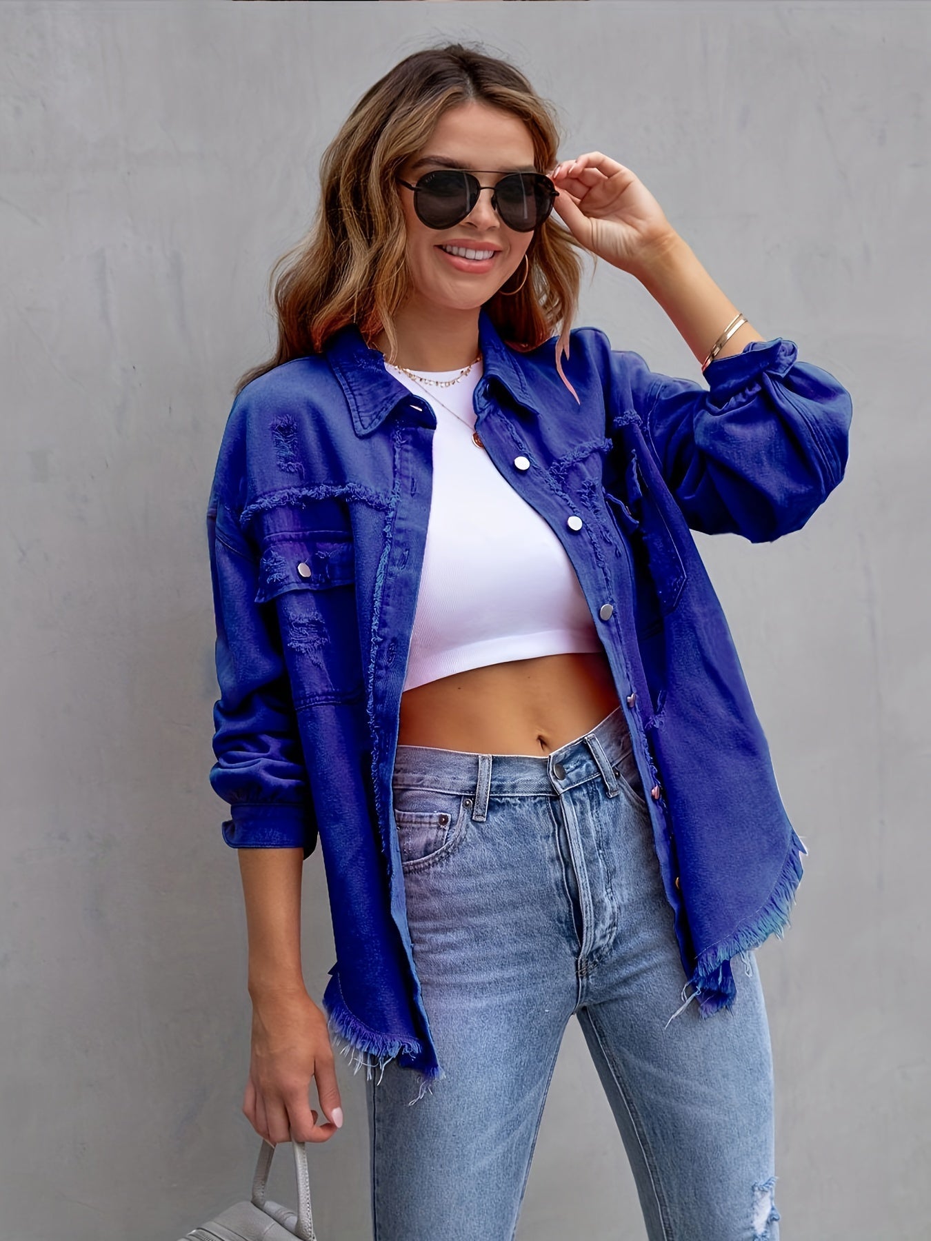 Veste en jean oversize - Boho - Non élastique, couleur unie, fermeture à boutons - Idéal pour toutes les saisons