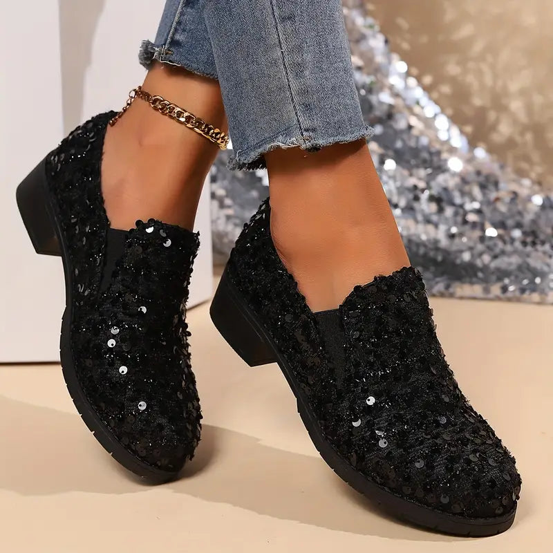 Arlene - Women's loafers with sequins and chunky heel