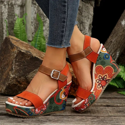 Olive - Women's Floral Print Wedge Heel Sandals