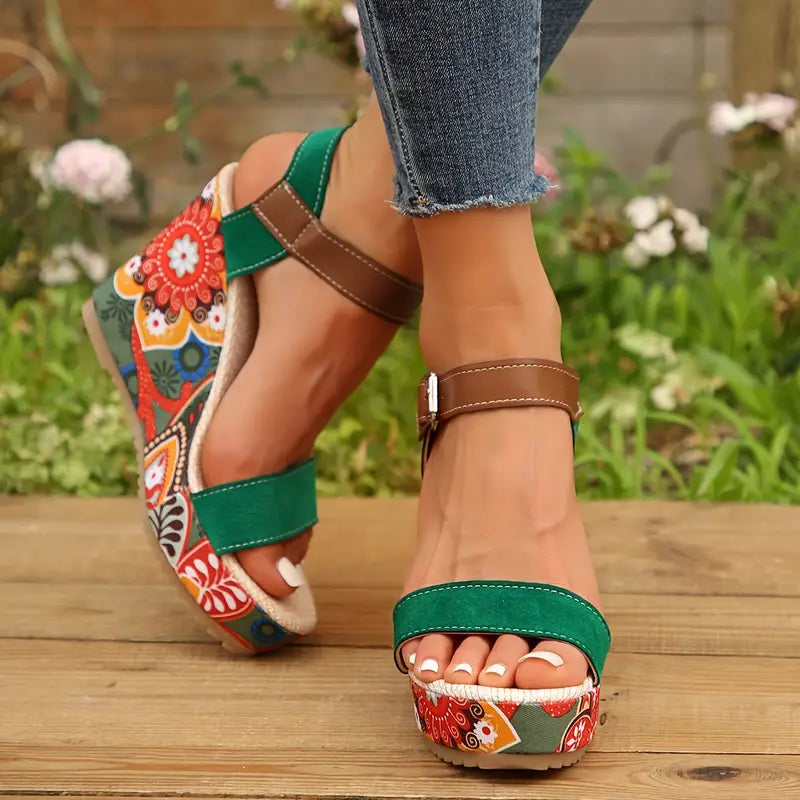 Olive - Women's Floral Print Wedge Heel Sandals