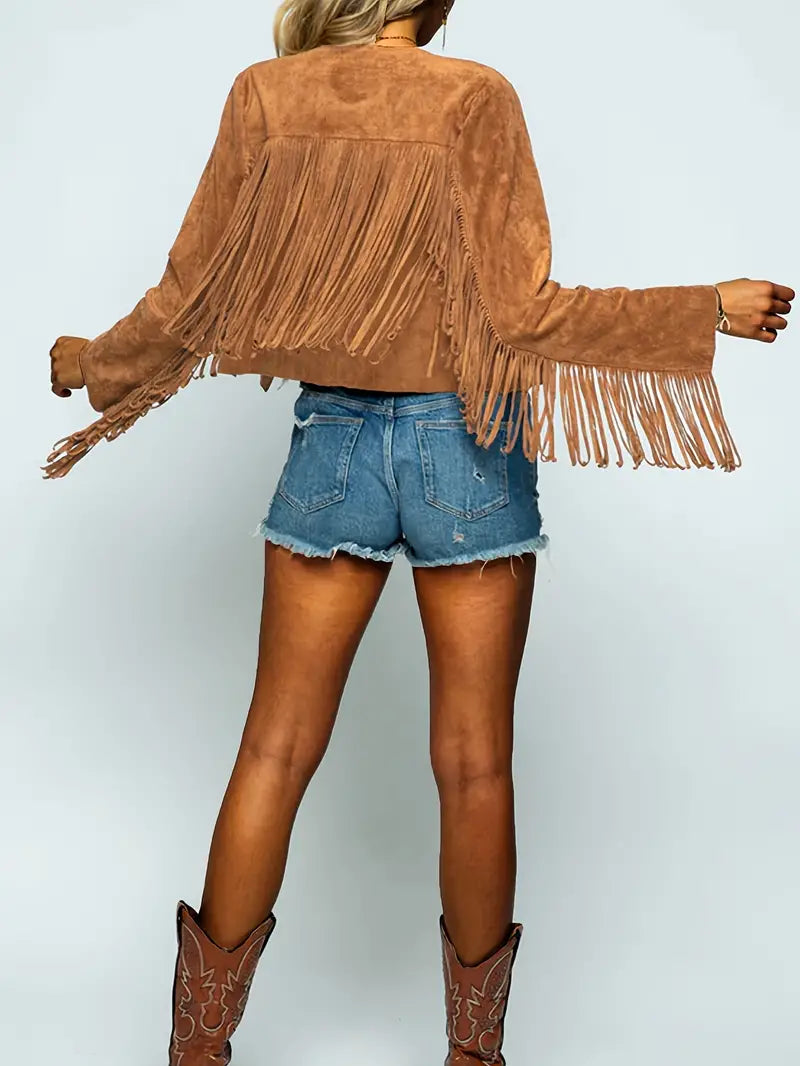 Amelia - Open jacket with fringed hem in suede look