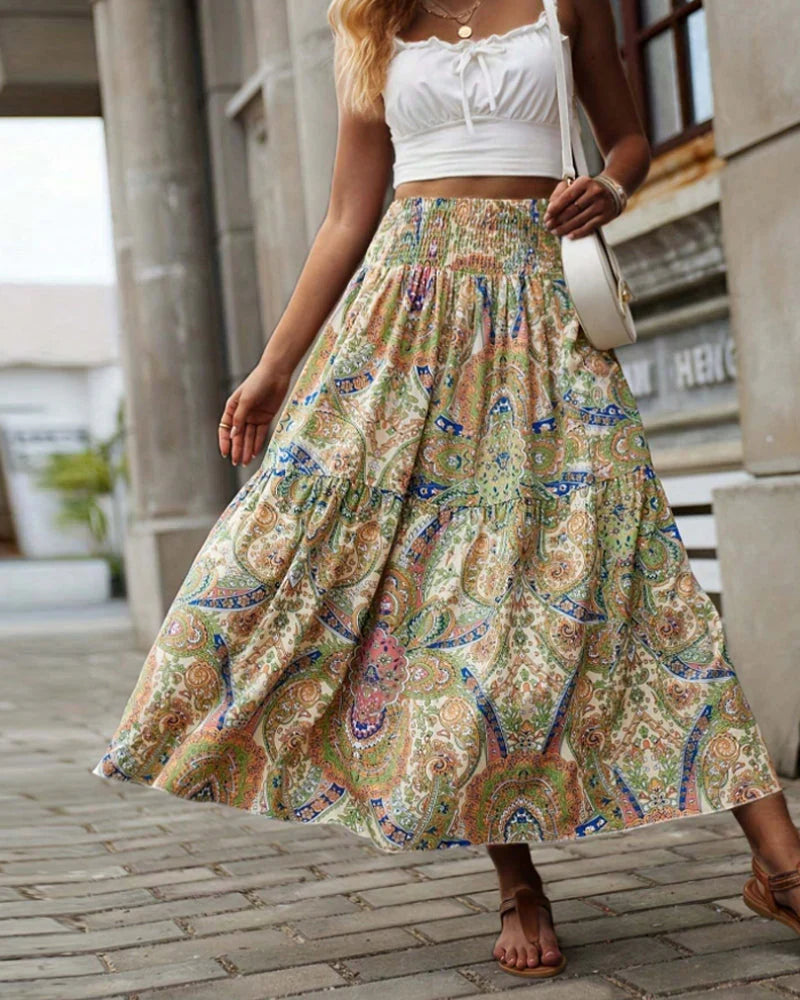 Solene - Skirt with paisley print and ruffles at the waist