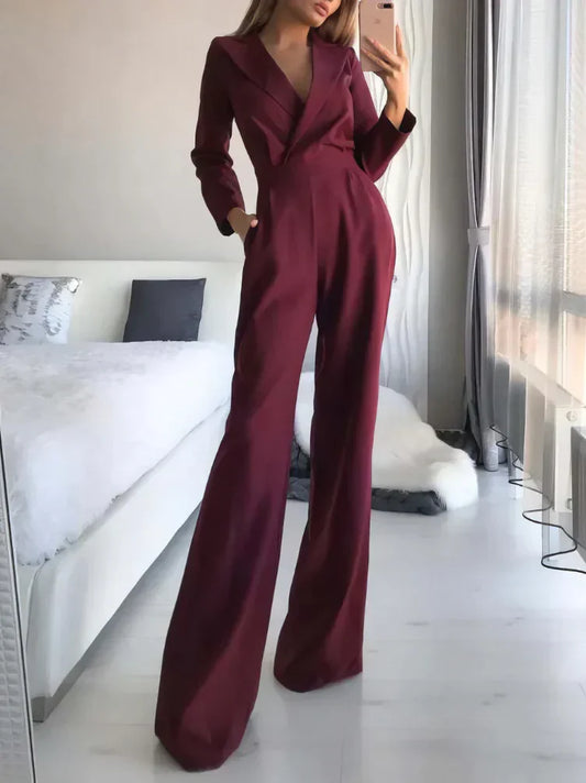 Arlene - Women's Loose Long Sleeve V-Neck Jumpsuit