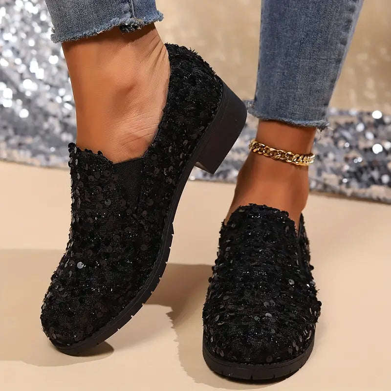 Arlene - Women's loafers with sequins and chunky heel