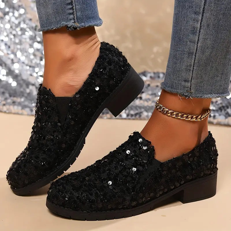 Arlene - Women's loafers with sequins and chunky heel