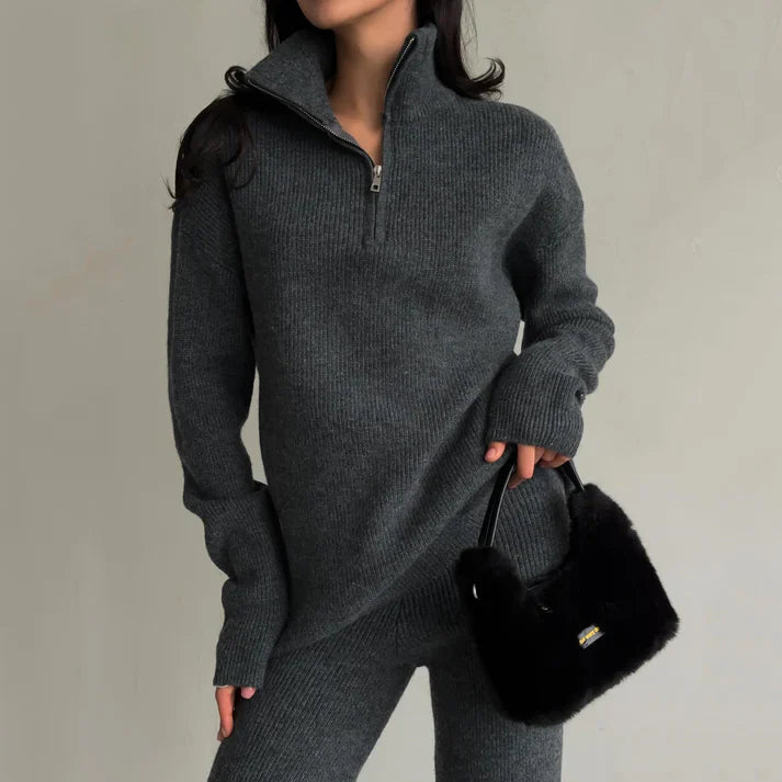 Jean - Two Piece Knitted Zipper Sweater High Waist Pants Sets