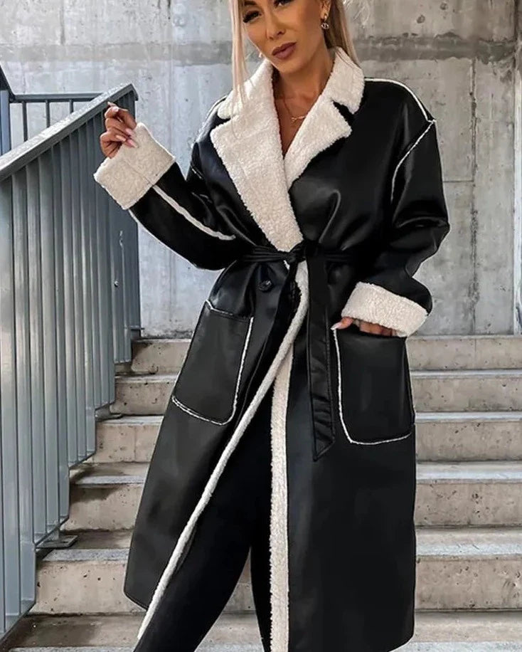 Manteau long en cuir avec fourrure