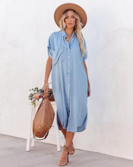 Emily - Denim Shirt Dress with Short Sleeves