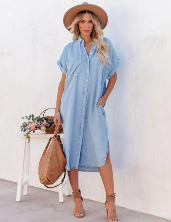 Emily - Denim Shirt Dress with Short Sleeves