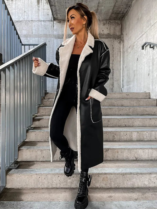 Manteau long en cuir avec fourrure