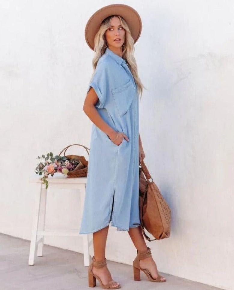 Emily - Denim Shirt Dress with Short Sleeves