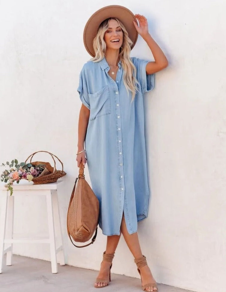 Emily - Denim Shirt Dress with Short Sleeves