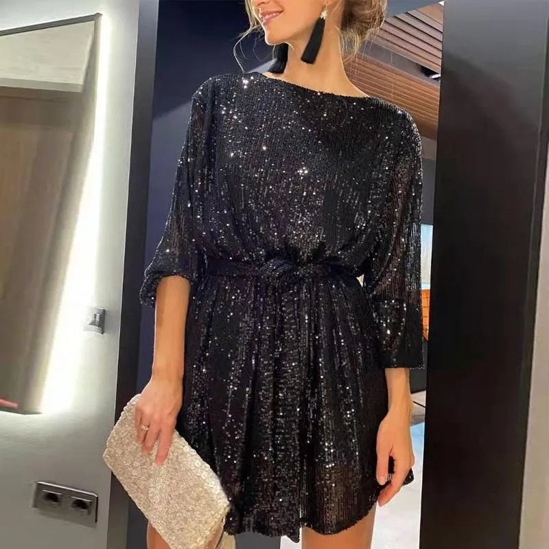 Madeline - Elegant A-line dress with long sequin sleeves