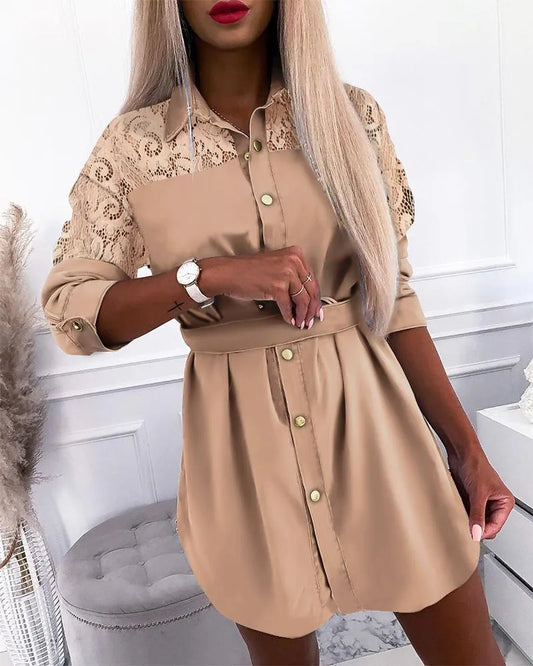 Nora - Elegant Sequin Pocket Lace Button Shirt Dress