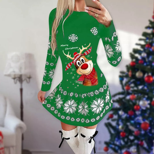 Adira - Long Sleeve Christmas Print Mini Dress