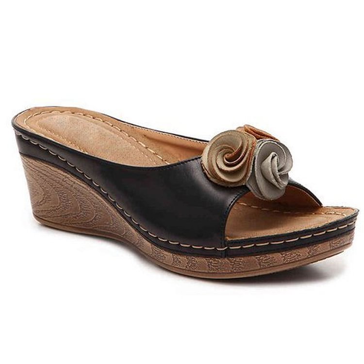 Orthopedic leather sandals with flowers and wedge heel