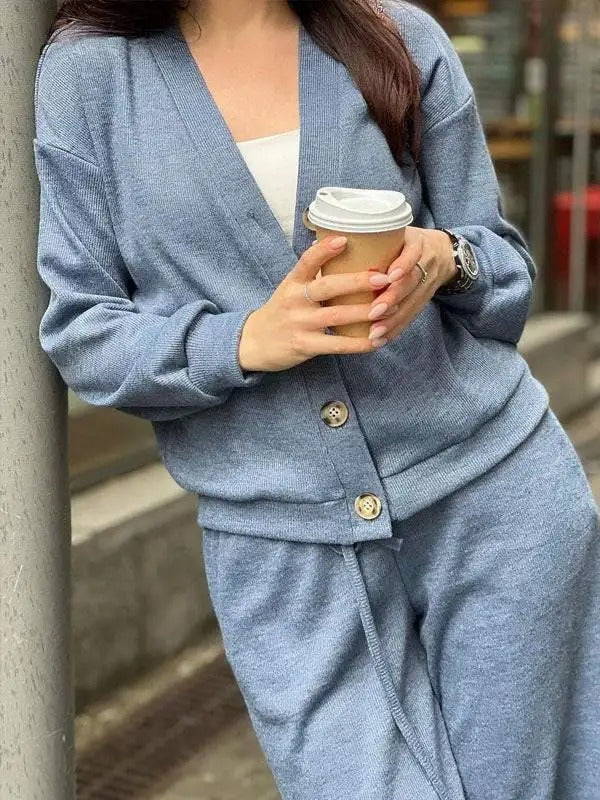 Ava - Ensemble veste et pantalon en tricot deux pièces pour femme avec boutons