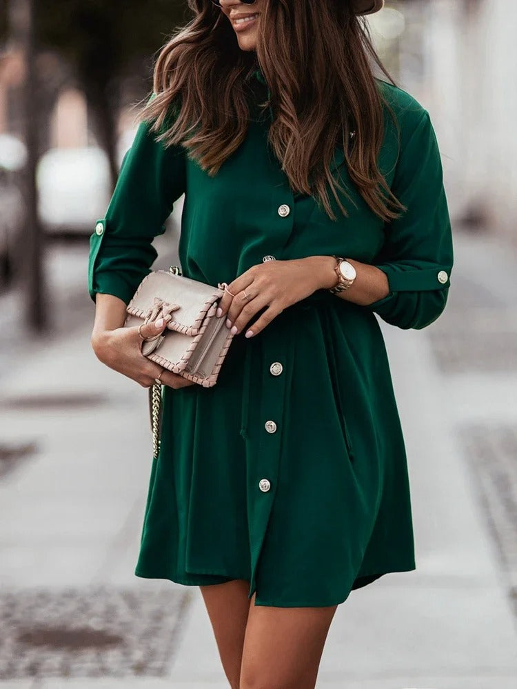 Jacqueline - Rolled Collar Tie Sleeve Shirt Dress