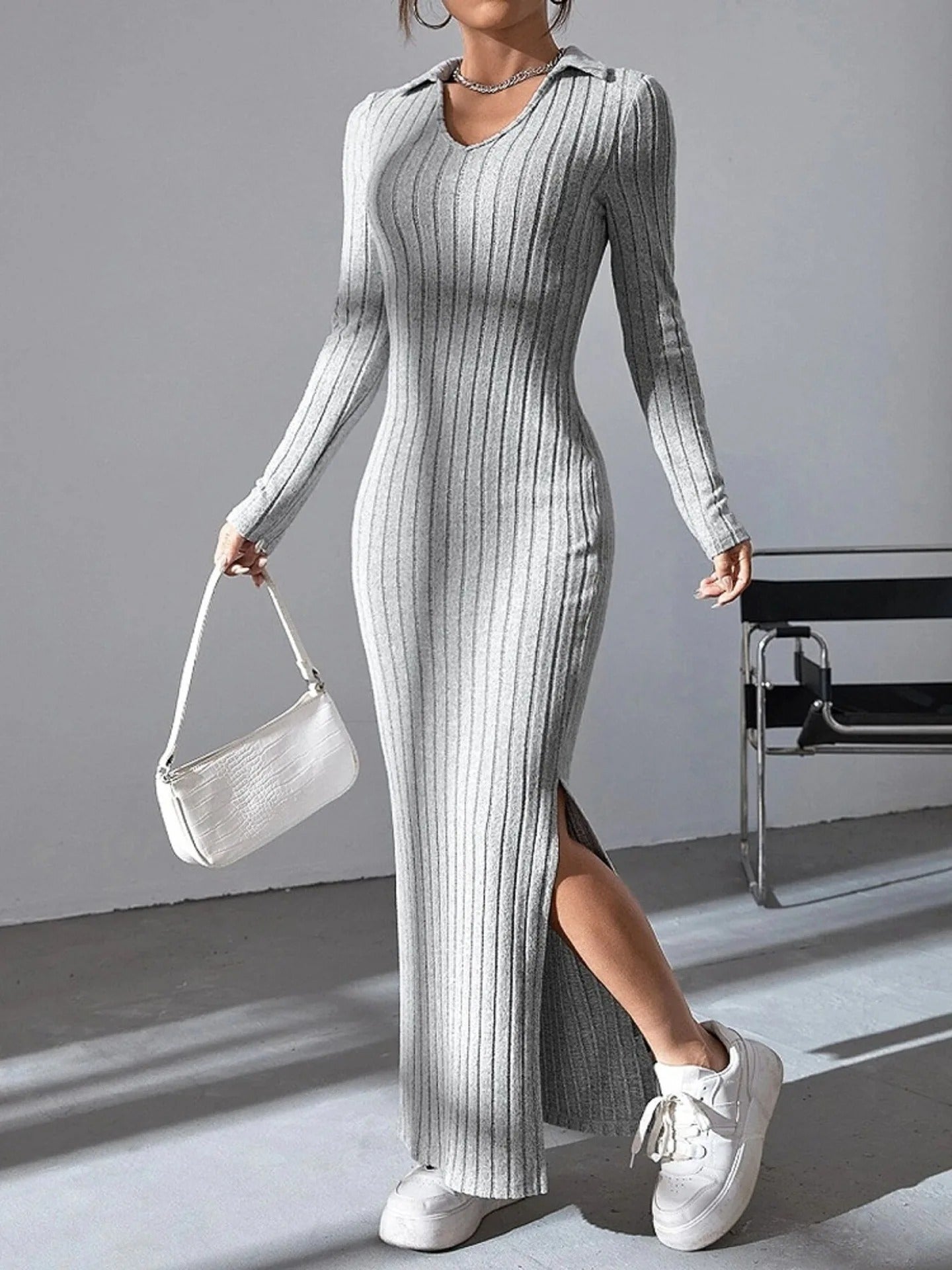 Angela - Knitted women's dress with long sleeves and slim fit