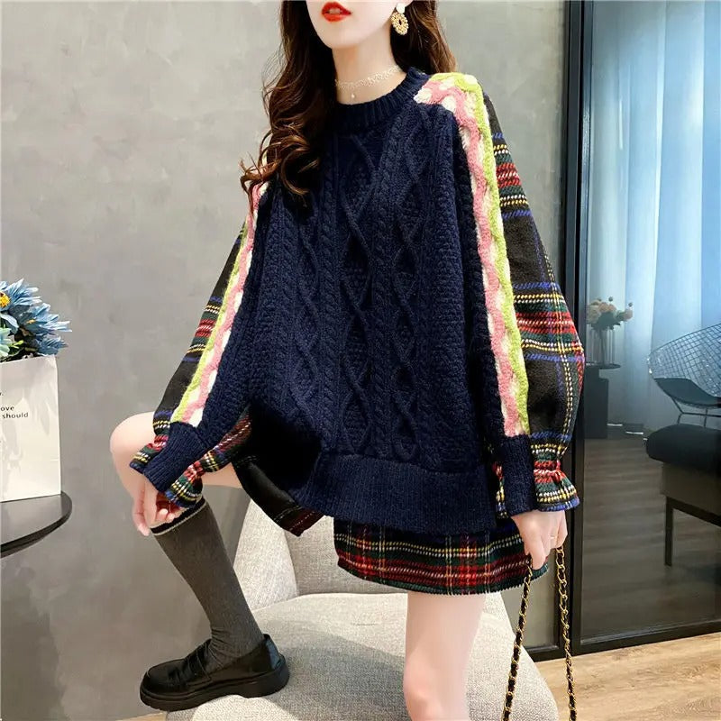 Josephine - Wide checked cable knit women's sweater