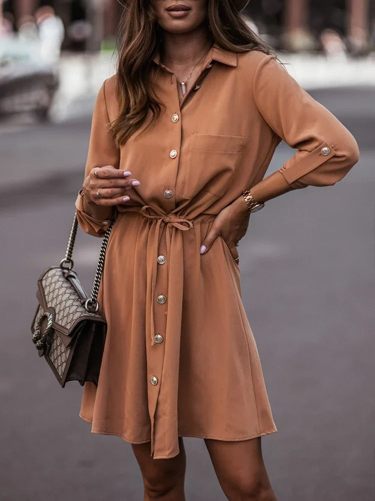 Jacqueline - Rolled Collar Tie Sleeve Shirt Dress