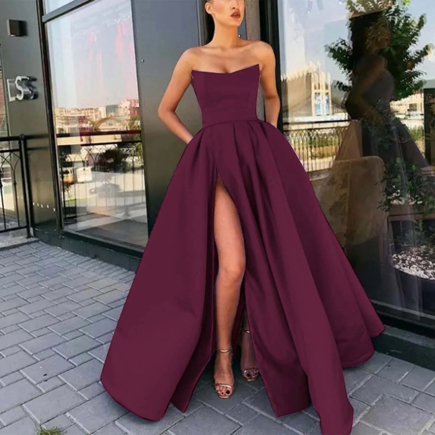 Matilda - Elegant strapless long dresses with high slit