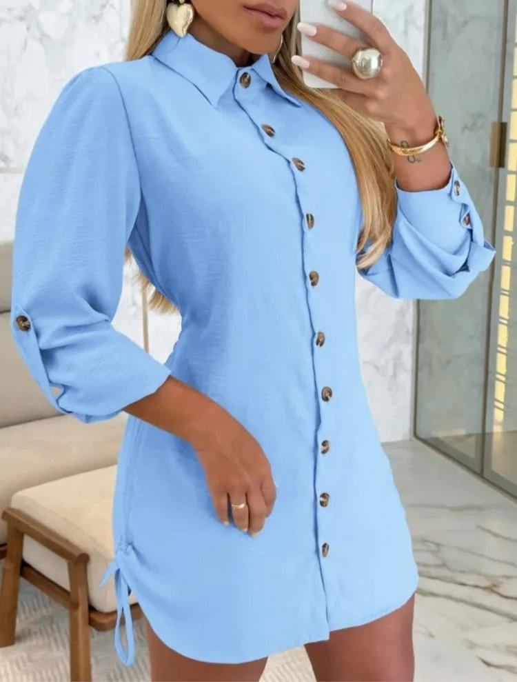 Lottie - Long Sleeve Shirt Dress with Turn-Down Collar and Button Closure