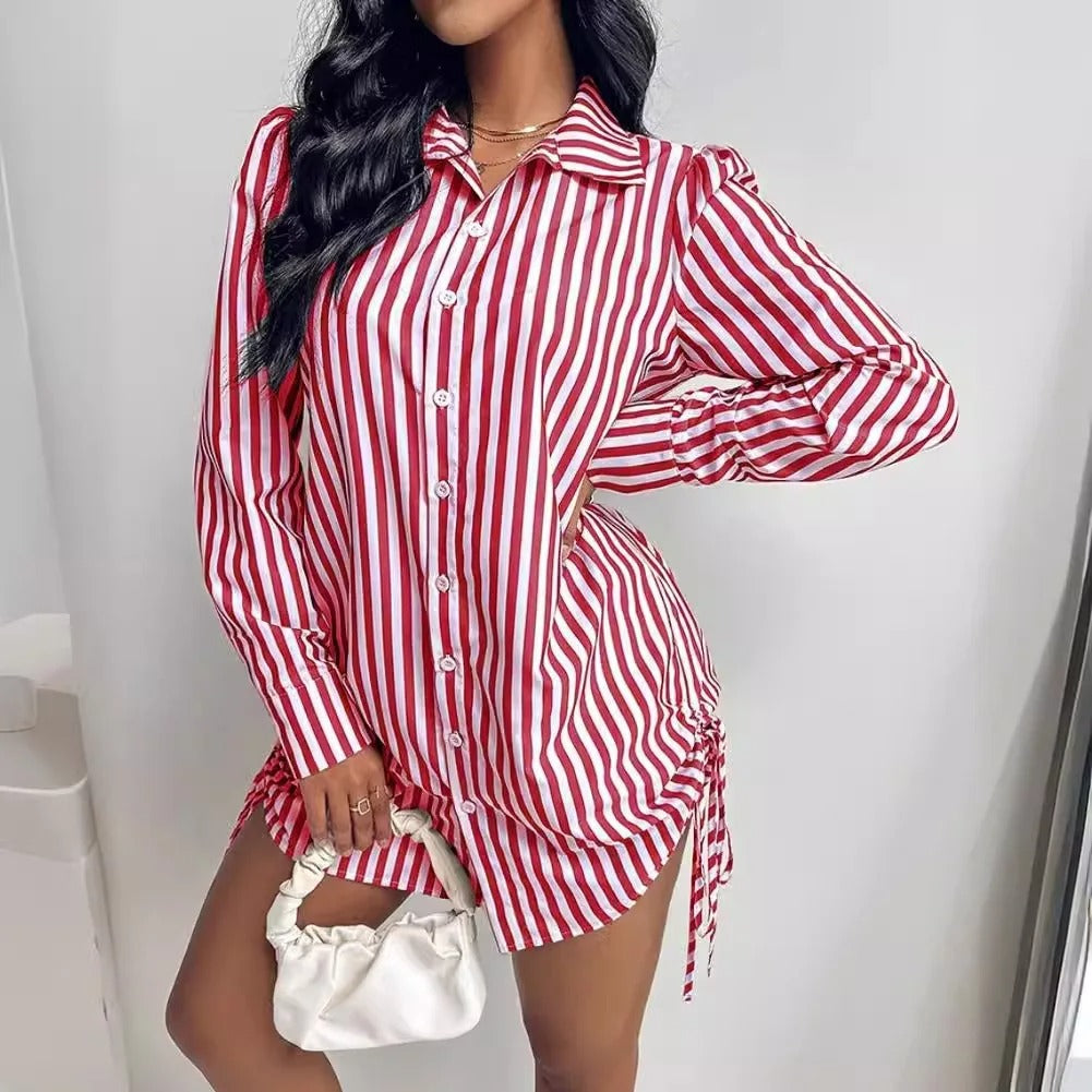 Lydia - Striped shirt dress with long sleeves and button closure