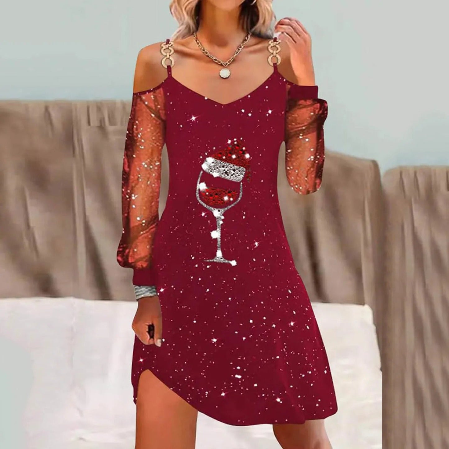 Lili - Wine Glass Patchwork Long Sleeve Dress