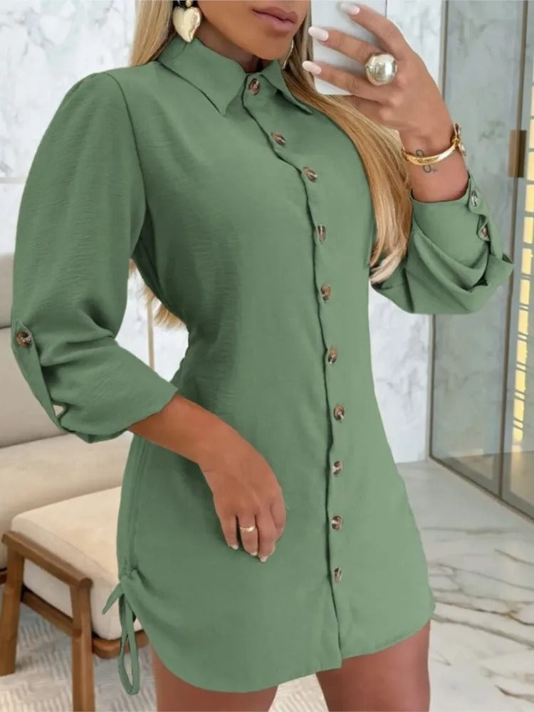 Lottie - Long Sleeve Shirt Dress with Turn-Down Collar and Button Closure