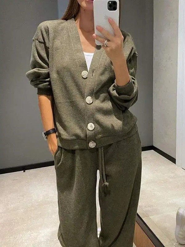 Ava - Ensemble veste et pantalon en tricot deux pièces pour femme avec boutons