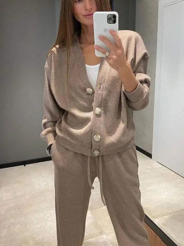 Ava - Ensemble veste et pantalon en tricot deux pièces pour femme avec boutons