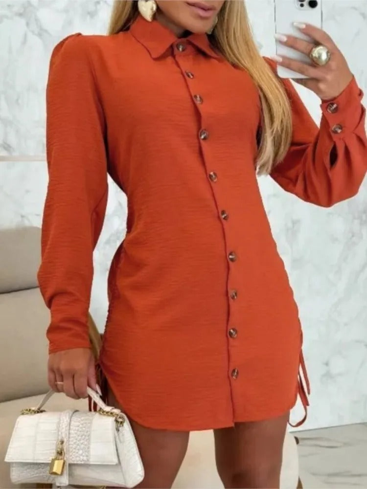 Lottie - Long Sleeve Shirt Dress with Turn-Down Collar and Button Closure