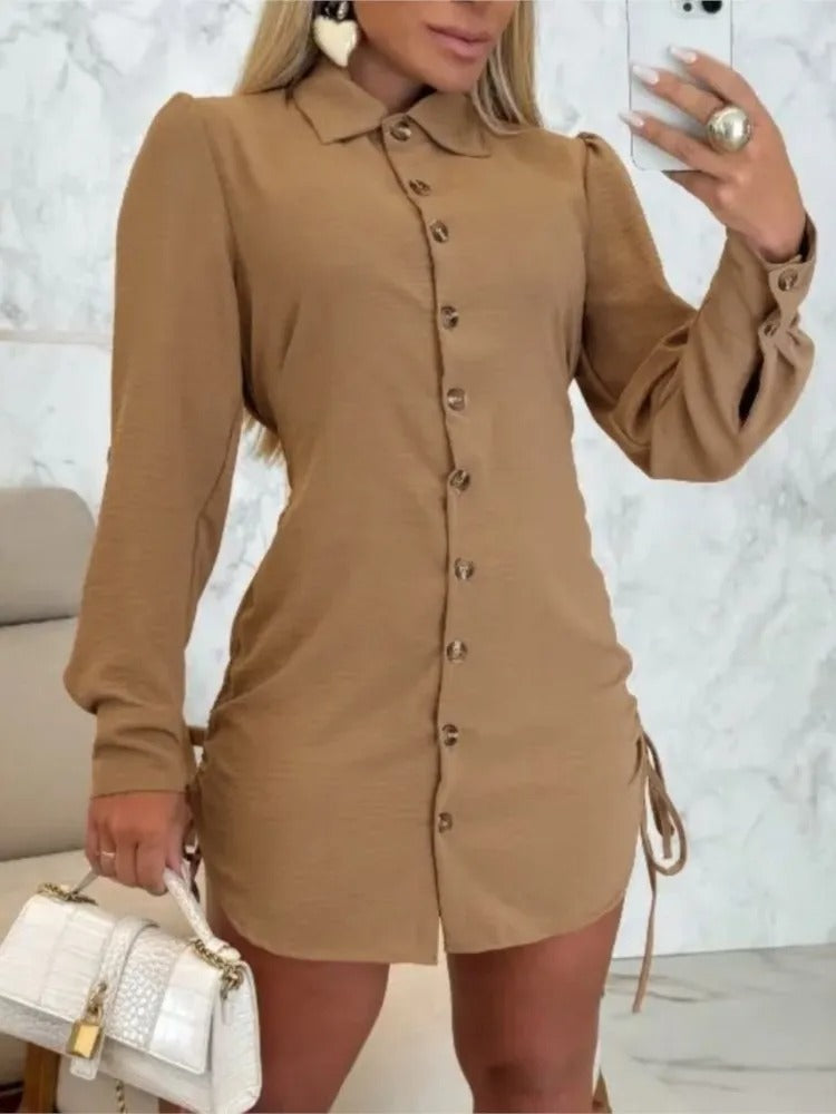 Lottie - Long Sleeve Shirt Dress with Turn-Down Collar and Button Closure