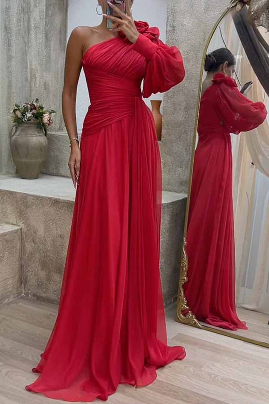 Erminda - Pleated maxi dress with one-sided sleeves