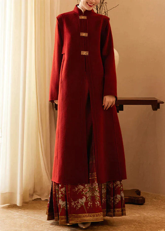 Letty - Stylish wine red long coat with stand-up collar