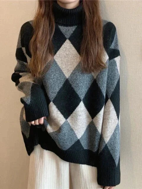 Eunice - High Neck Checkerboard Sweater