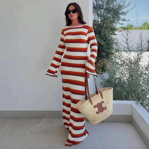 Eva - Robe longue dos nu rayée en tricot