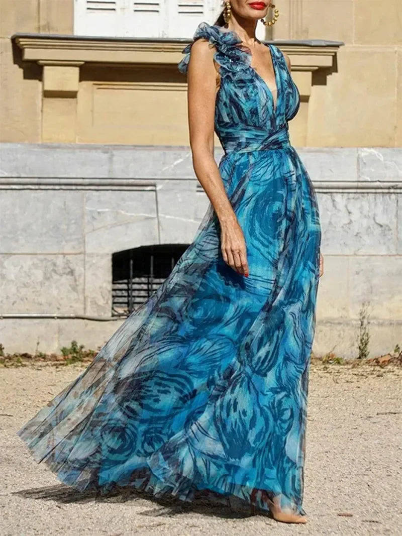 Debie - Robe longue bohème style bleu paon