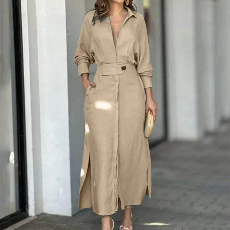 Amytist - Elegant women's dress with long sleeves and side slit