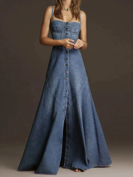 Diane - Vintage Denim Square Collar Tank Dress