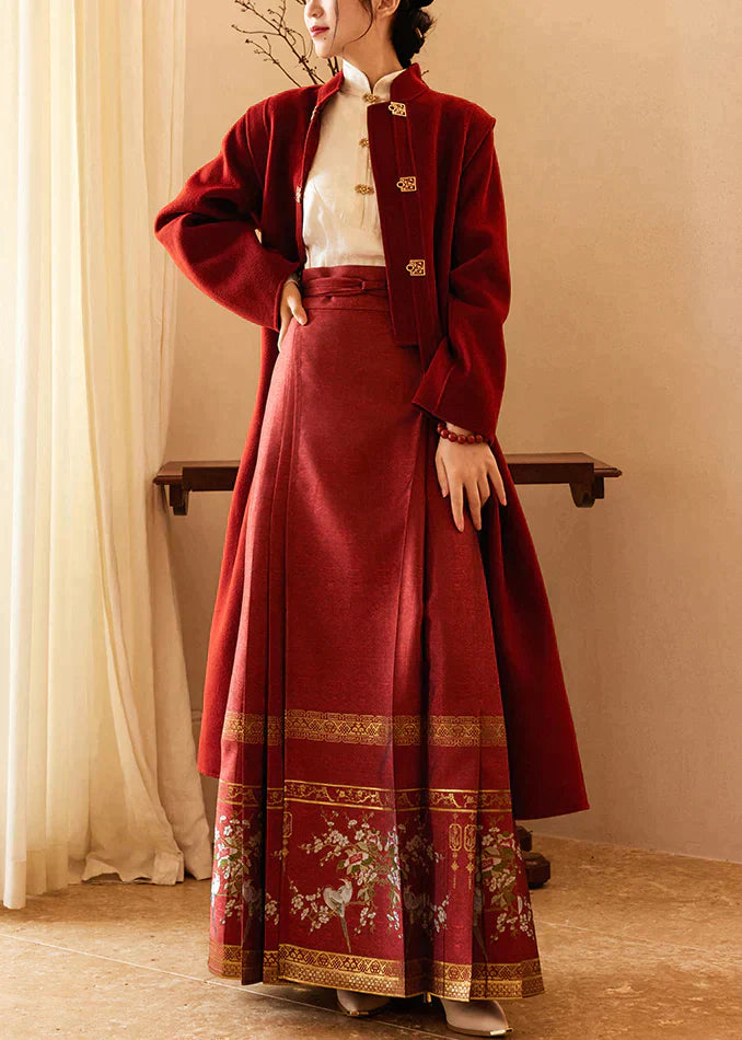 Letty - Stylish wine red long coat with stand-up collar