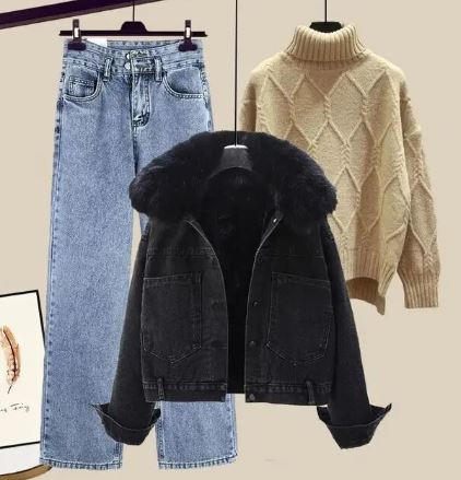 Darlyn - Three-piece set consisting of jeans, a denim jacket and a knitted sweater with a high neckline