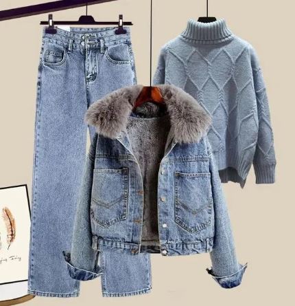 Darlyn - Ensemble trois pièces composé d'un jean, d'une veste en jean et d'un pull en maille à col montant